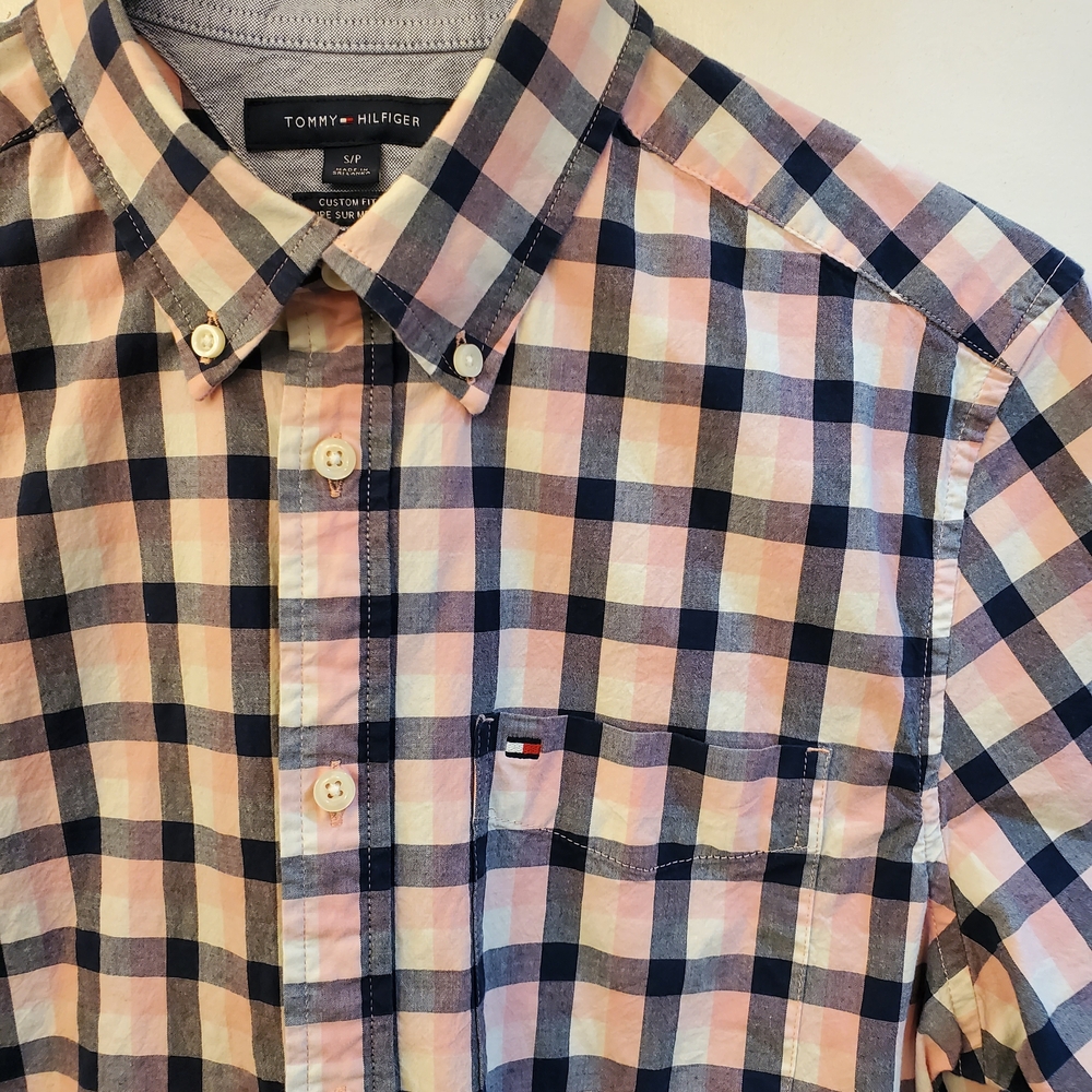 Tommy Hilfiger Men's Pink and Blue Checkered Shirt
